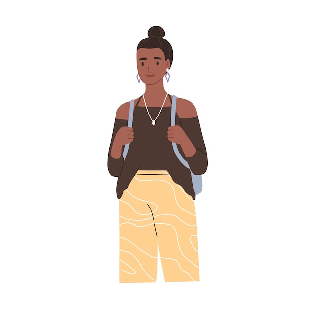 Portrait of modern black-skinned university student. Happy young African woman wearing trendy casual clothing and backpack. Colored flat vector illustration of smiling person isolated on white.