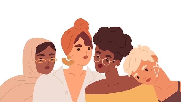 Portrait of multiracial women friends. Diverse girlfriends together. Woman of different races and skin colors. International friendship concept. Flat vector illustration isolated on white background.