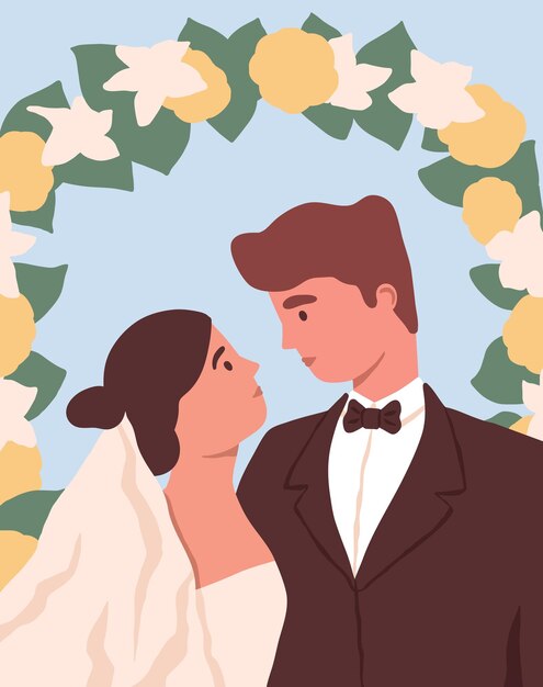 Vector portrait of newly-married love couple at wedding flower arch. marriage of man and woman. bride in bridal vein and dress and bridegroom in suit. colored flat vector illustration of husband and wife.