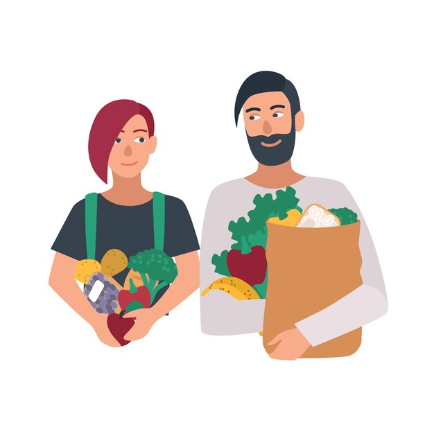 Vector portrait of pair of freegan man and woman holding fruits, vegetables and other products. young couple carrying leftover food. cartoon characters isolated on white background. vector illustration.