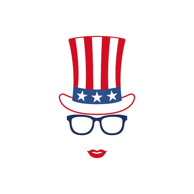 Portrait of Patriotic girl in Glasses and Hat of Uncle Sam