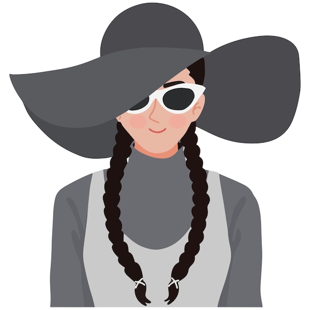 Portrait pretty woman travelling tourist big beach hat glasses braided hair illustration