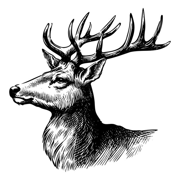 Vector portrait realistic engraving of deer isolated black and white vector background emblem portrait