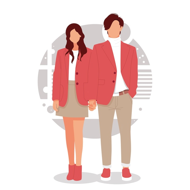 Portrait of romantic couple posing in stylish outfits, for valentine's day. flat design concept.  illustration