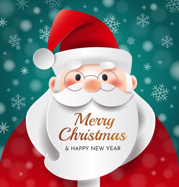 Portrait of Santa Claus with an inscription on his beard. Merry Christmas New Year greetings.