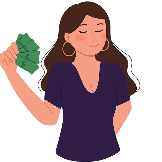 A portrait of satisfied woman holding a lot money in her hand illustration