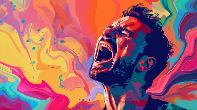 Vector portrait of screaming man on color background