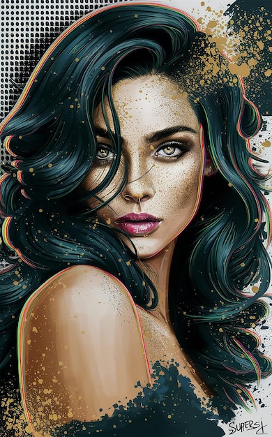 Vector portrait showcases a captivating woman with mesmerizing eyes