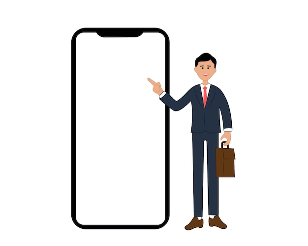 portrait of smiling businessman with big phone. man in suit with bag pointing finger at blank screen