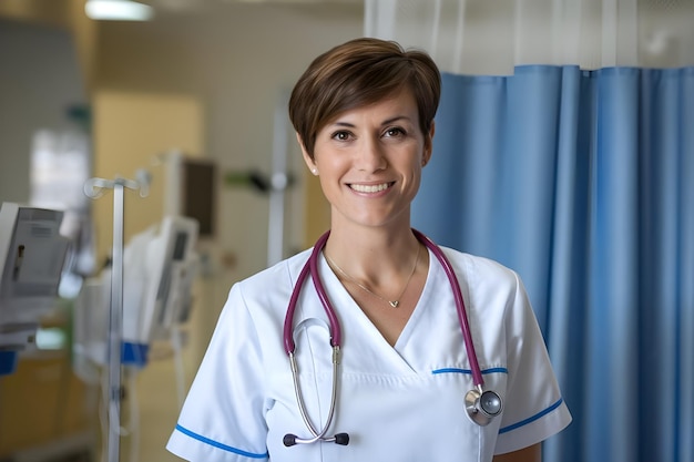 Vector portrait of a smiling nurse in standing in a hospital corridor