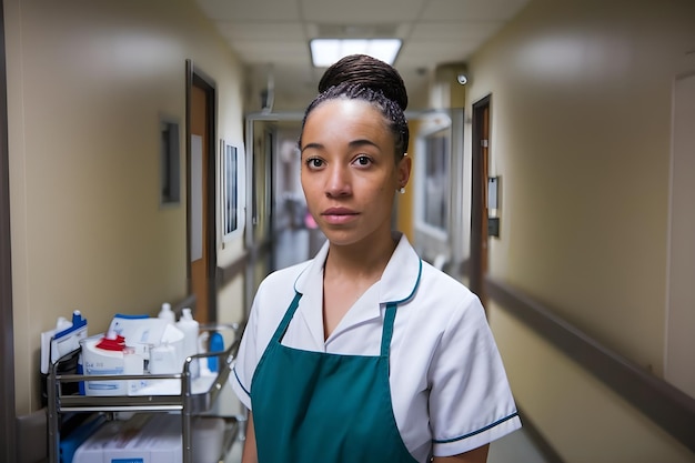 Vector portrait of a smiling nurse in standing in a hospital corridor