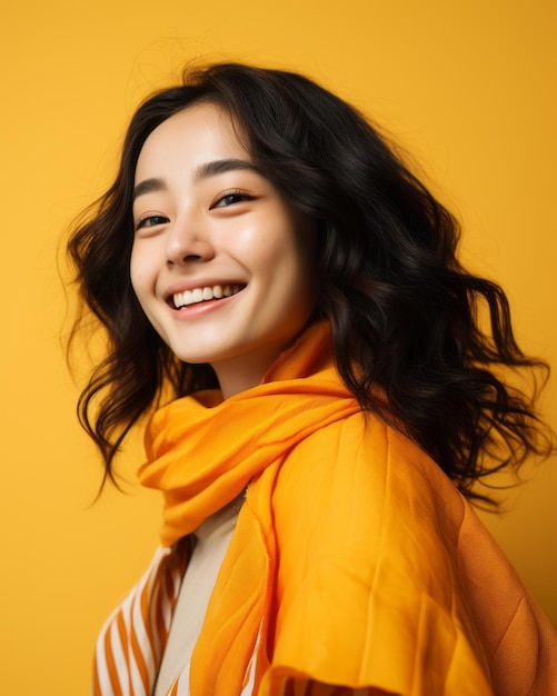 Portrait of smiling young asian woman wearing orange scarf on yellow background