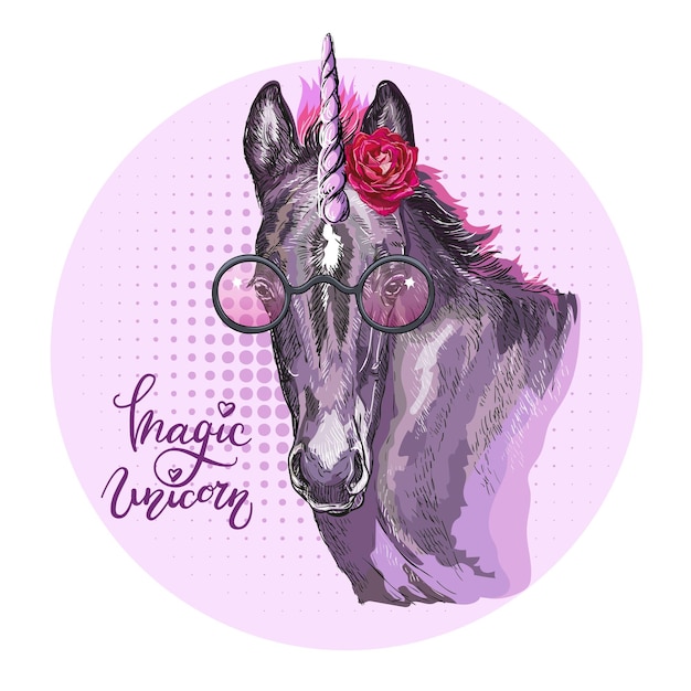 Portrait of a unicorn with glasses vector hand drawn illustration