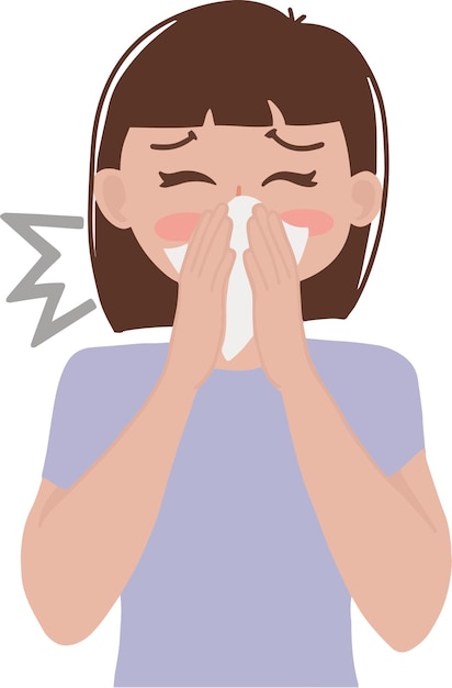 Portrait vector illustration of a woman covering her nose with tissue sneezing