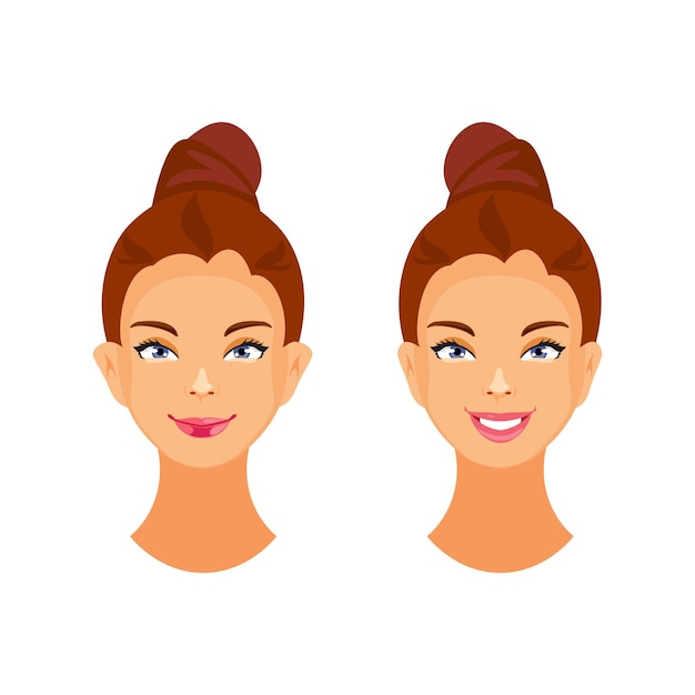 Portrait of a woman before and after otoplasty. Vector illustration