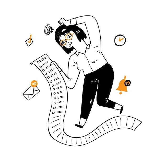 Portrait woman holding long to do list stressed out showing frustration Negative human emotion face expression Hand drawn vector illustration doodle style