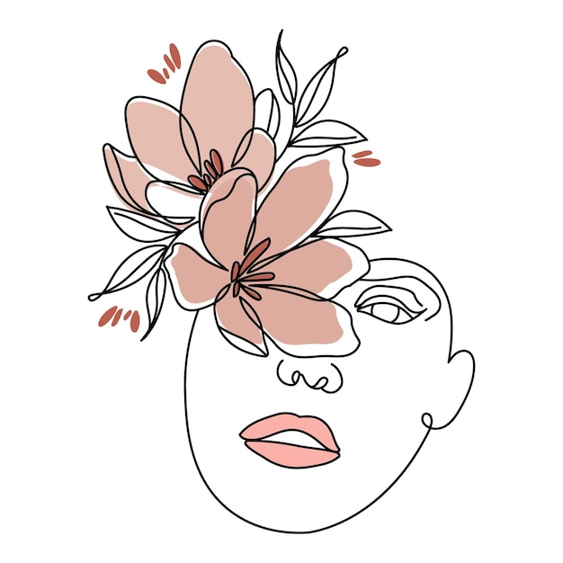 Portrait of a woman with flowers, line art. Contour illustration with the addition of colored spots