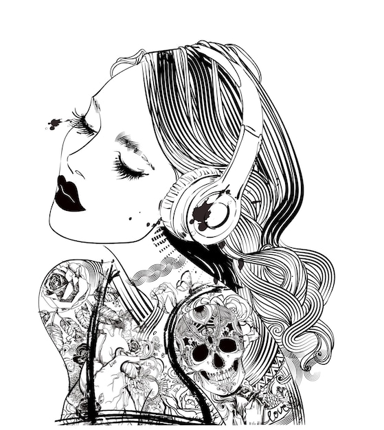 Portrait of woman with headphones and tattoo