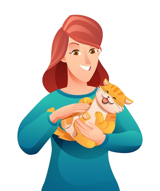 Portrait of woman with her cat cartoon character illustration