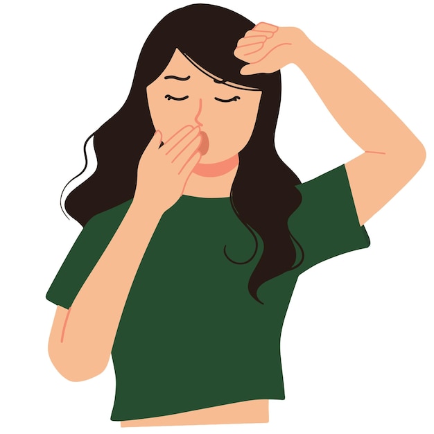 A portrait of yawning and tired woman covering her mouth with hand illustration