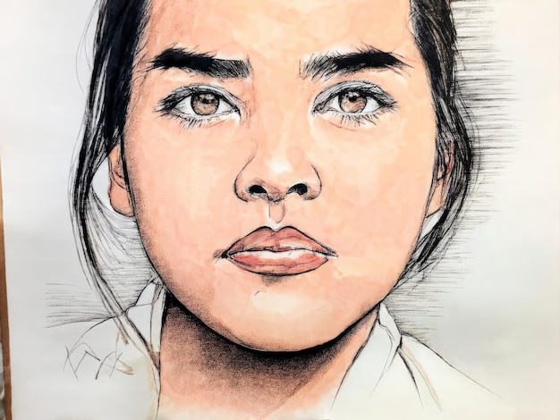 a portrait of young asian woman with pencil drawing