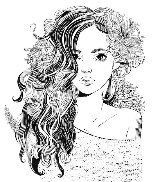 Portrait of young beautiful woman with flowers - black and white vector illustration