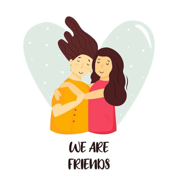 Portrait of young girl Hugging friends Colorful flat vector illustration Sisterhood concept