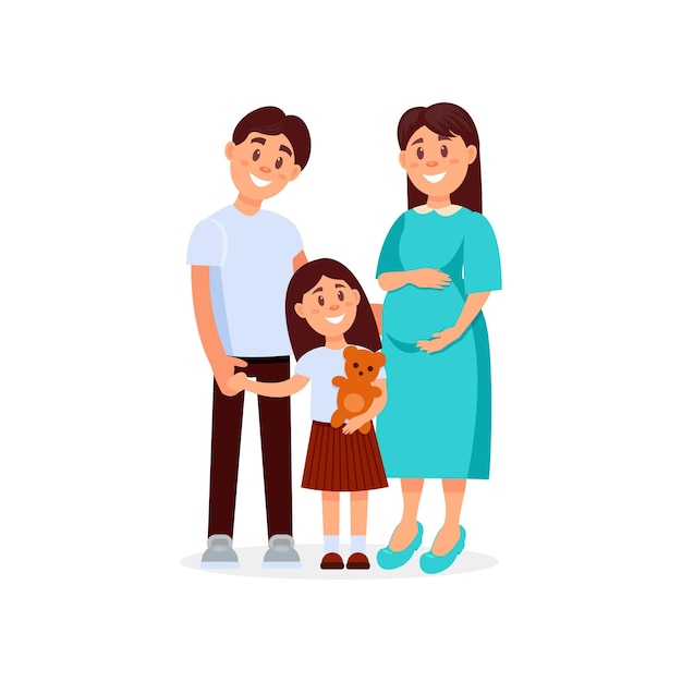 Portrait of young happy family father mother and daughter Pregnant woman Cartoon people expecting baby born Little girl holding teddy bear in hand Flat vector design