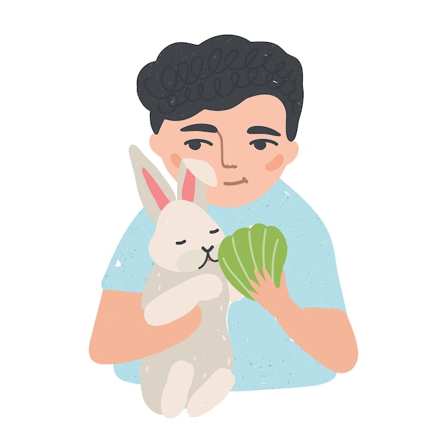 Portrait of young man or boy holding his bunny or rabbit and feeding it. Adorable male cartoon character with domestic animal. Cute pet owner. Colorful vector illustration in flat cartoon style