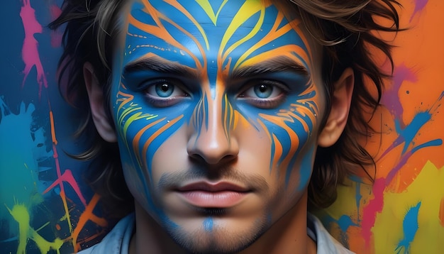 A portrait of a young man with blue eyes painted with abstract patterns in shades of blue orange and yellow on his face set against a colorful splatterpainted background