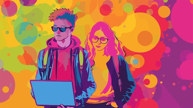 Vector portrait of young students with laptop on colorful background