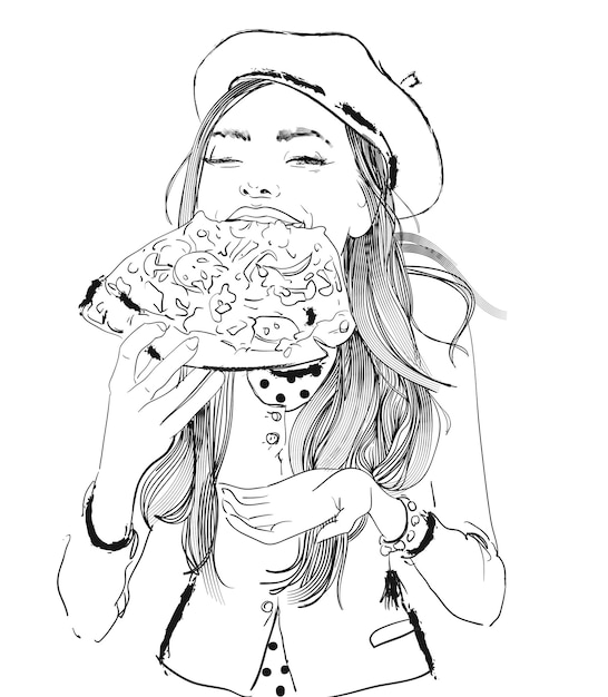 Portrait of young woman portrait with pizza