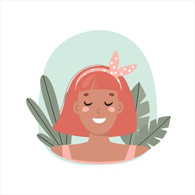 portrait of a young woman with orange hair on the background of plants vector flat illustration