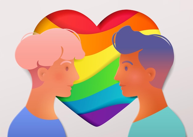 Portraits of young gay couple over a colorful paper cut style rainbow heart background