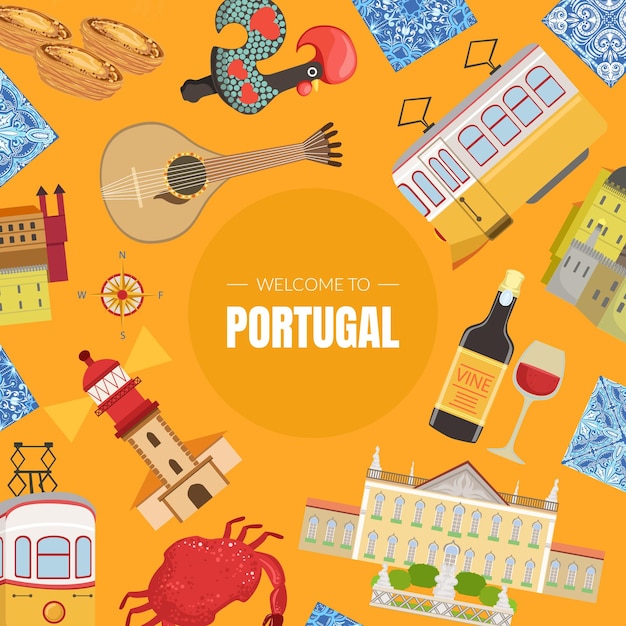 Portugal Banner Template Portuguese Landmarks and National Symbols Seamless Pattern Vector Illustration