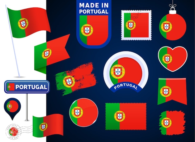 Portugal flag vector collection. big set of national flag design elements in different shapes for public and national holidays in flat style. Post mark, made in, love, circle, road sign, wave