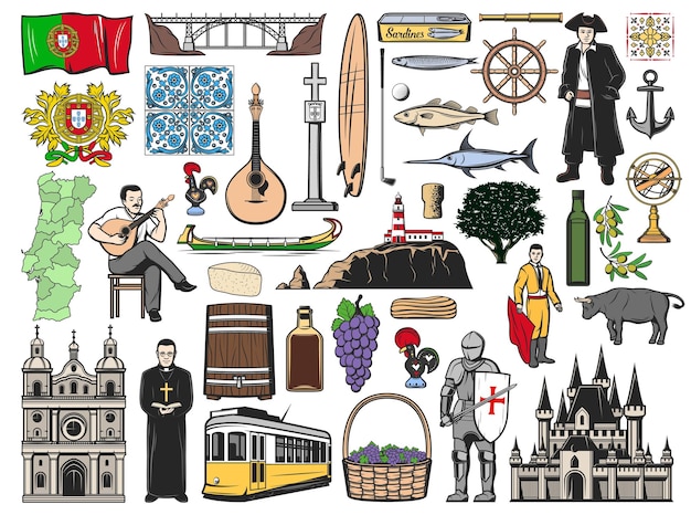 portugal icons with portuguese travel landmarks. lisbon tram, flag, bridge and castle