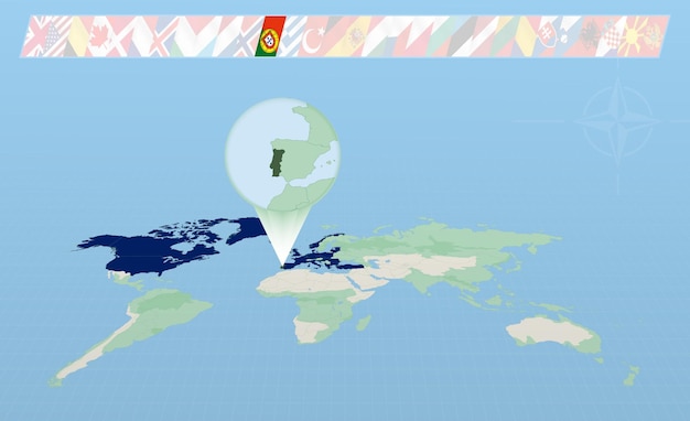 Portugal member of North Atlantic Alliance selected on perspective World Map Flags of 30 members of alliance