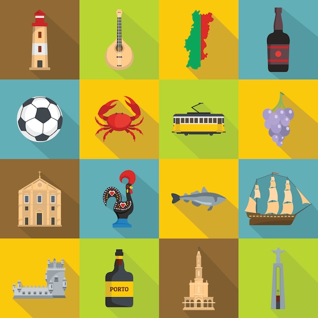 Portugal travel icons set, flat style