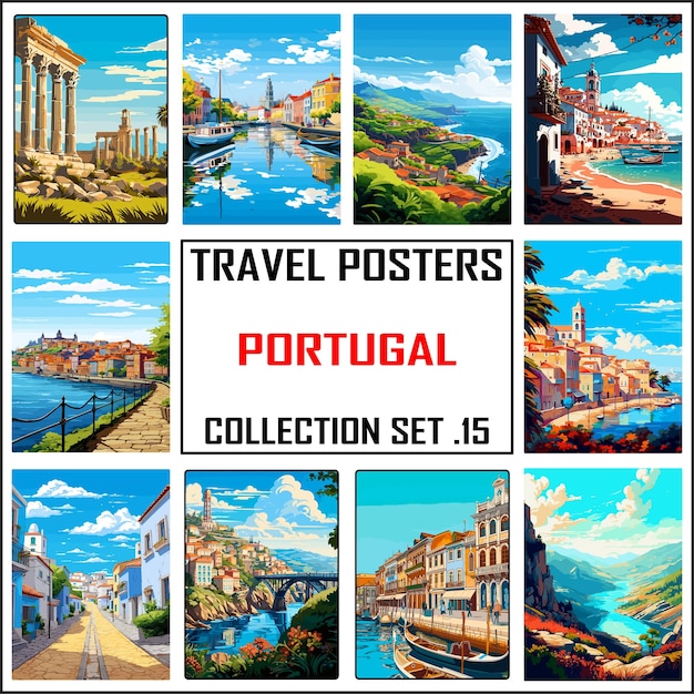 Vector portugal travel poster wall art print wpa bundle package collection set 15