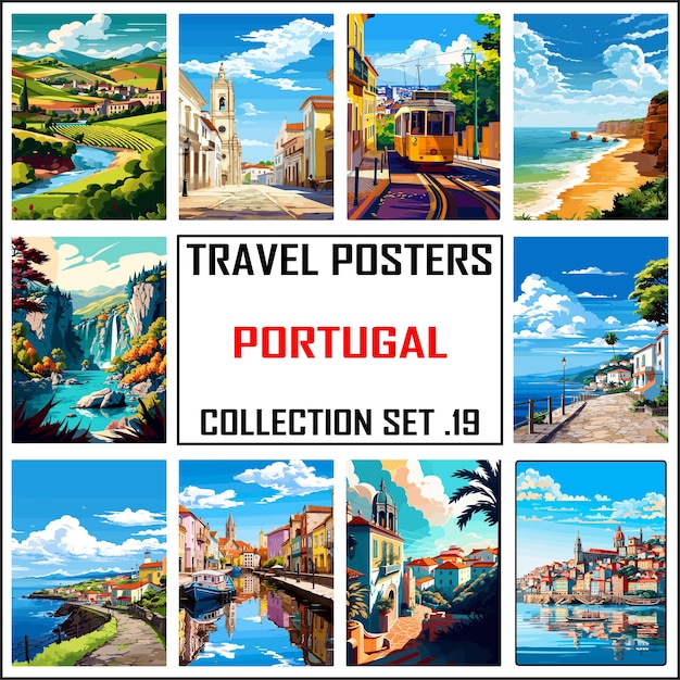 Vector portugal travel poster wall art print wpa bundle package collection set 19