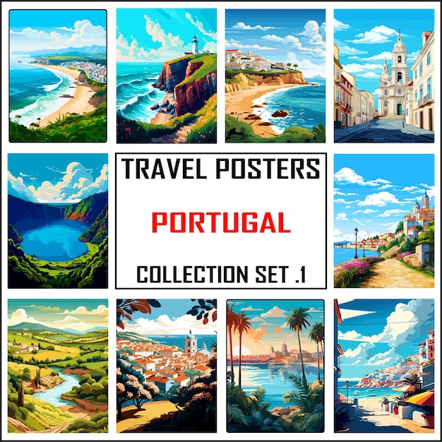 Vector portugal travel poster wall art print wpa bundle package collection set 1