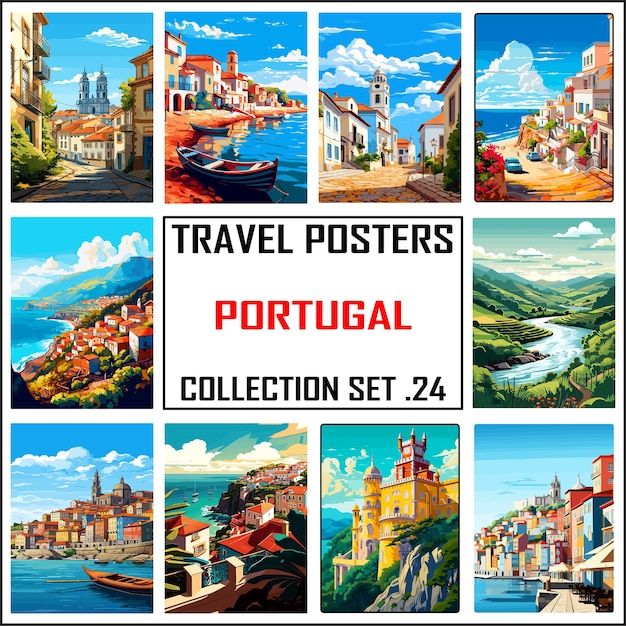 Vector portugal travel poster wall art print wpa bundle package collection set 24