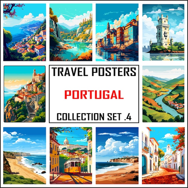 Vector portugal travel poster wall art print wpa bundle package collection set 4