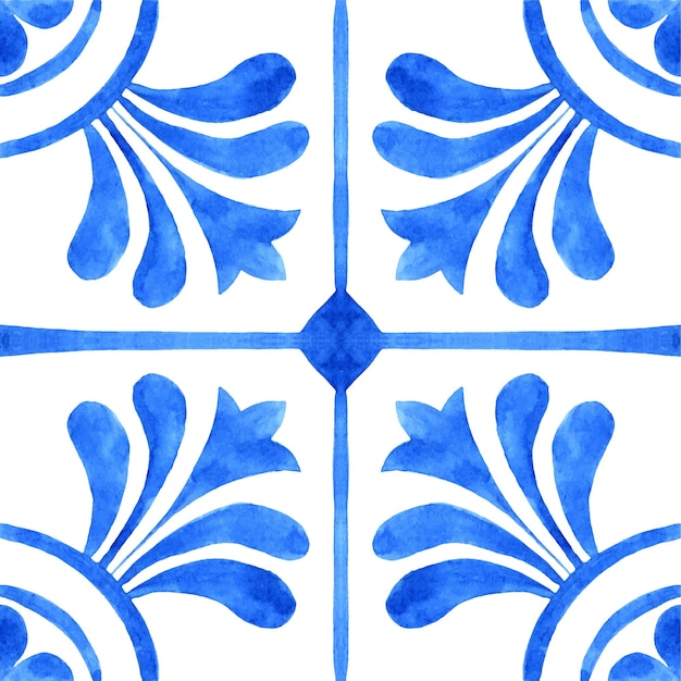 Portuguese azulejo tile Blue and white gorgeous seamless pattern Hand painted watercolor illustration