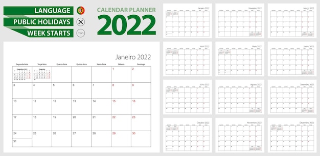 Portuguese calendar planner for 2022. Portuguese language, week starts from Monday.