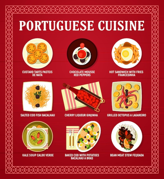 Portuguese cuisine menu vector card with meat, seafood and vegetable restaurant dishes. Cod fish bacalhau, bean stew feijoada and tart pasteis, soup caldo verde, chocolate mousse and fries sandwich