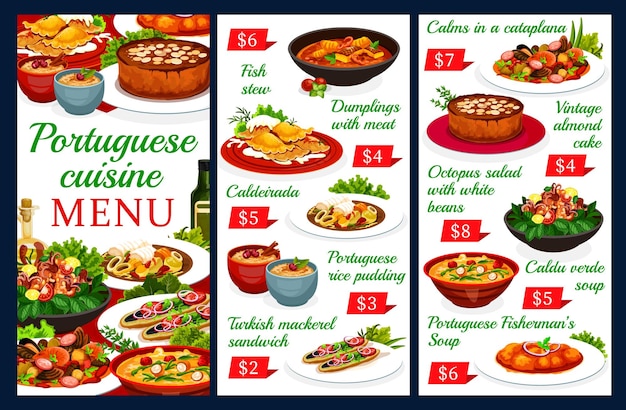 Portuguese cuisine vector menu Portugal meals