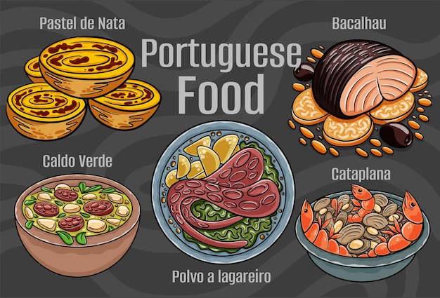 Portuguese food A set of classic dishes Cartoon hand drawn illustration