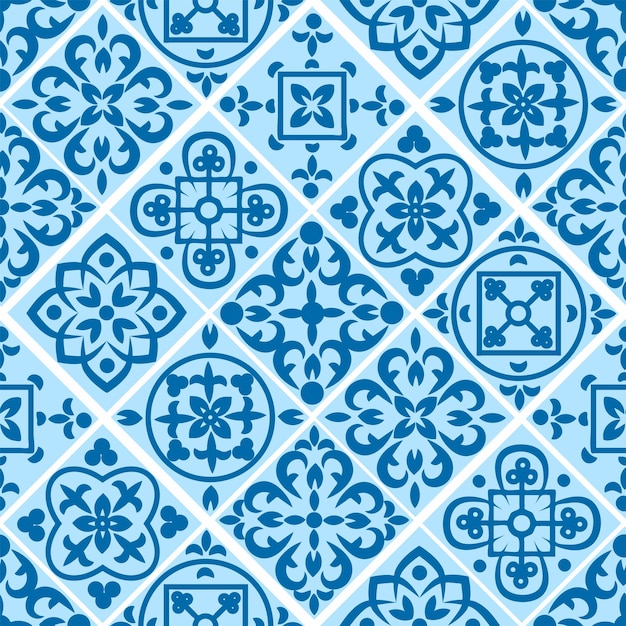 Portuguese seamless pattern with azulejo tiles Gorgeous seamless patchwork pattern from colorful Moroccan tiles ornaments